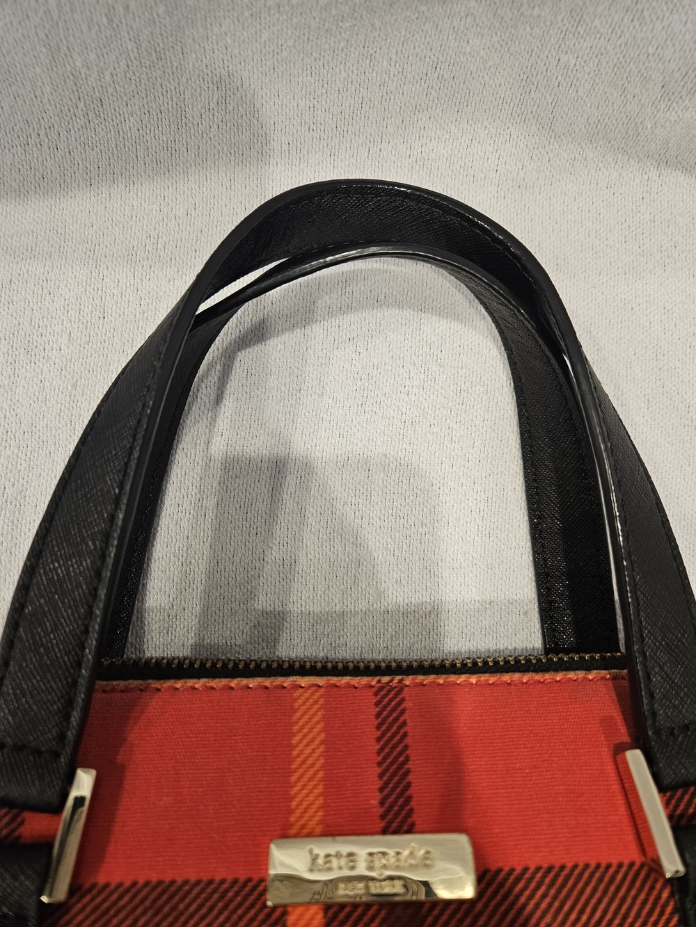 kate spade New York Newbury Lane Red Plaid Tote with Black Leather Trim Purse - Picture 8 of 16